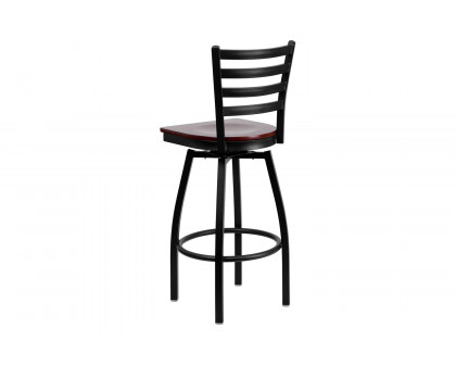 BLNK HERCULES Series Black Metal Ladder Back Swivel Bar Stool with Wood Seat - Mahogany