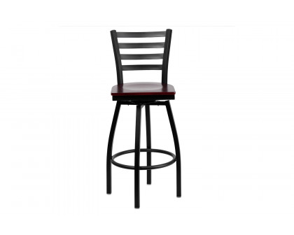 BLNK HERCULES Series Black Metal Ladder Back Swivel Bar Stool with Wood Seat - Mahogany