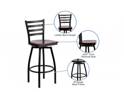 BLNK HERCULES Series Black Metal Ladder Back Swivel Bar Stool with Wood Seat - Mahogany