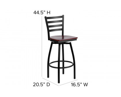 BLNK HERCULES Series Black Metal Ladder Back Swivel Bar Stool with Wood Seat - Mahogany