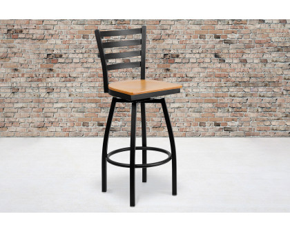 BLNK HERCULES Series Black Metal Ladder Back Swivel Bar Stool with Wood Seat