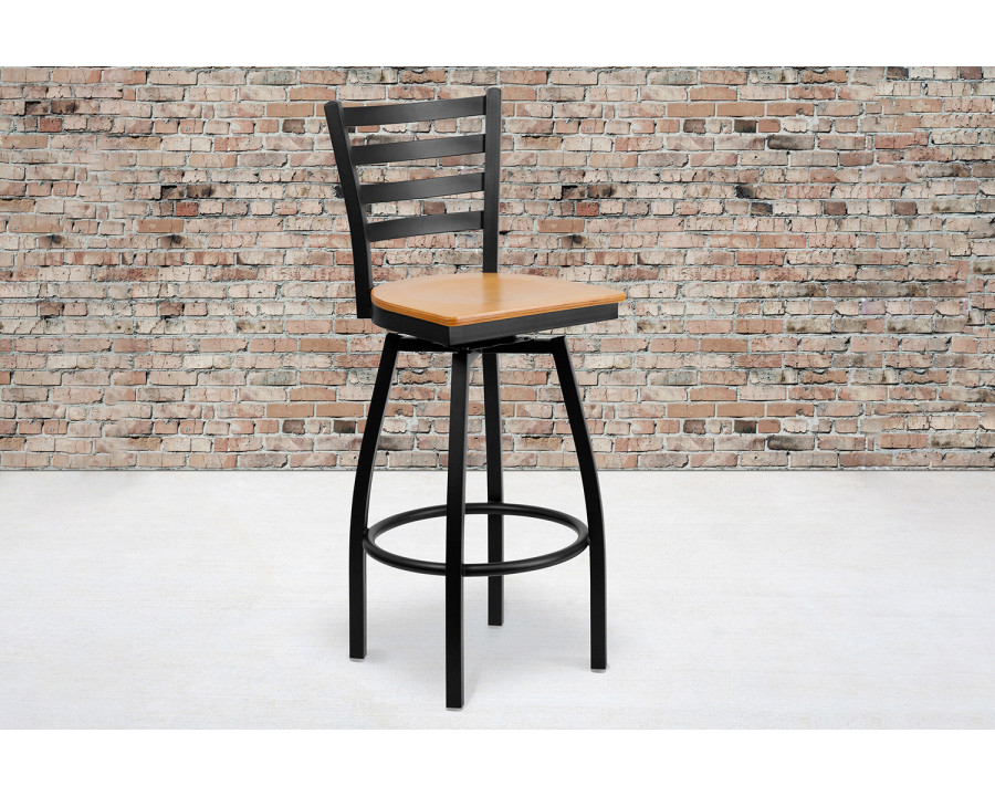 BLNK HERCULES Series Black Metal Ladder Back Swivel Bar Stool with Wood Seat - Natural