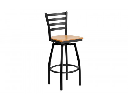 BLNK HERCULES Series Black Metal Ladder Back Swivel Bar Stool with Wood Seat - Natural