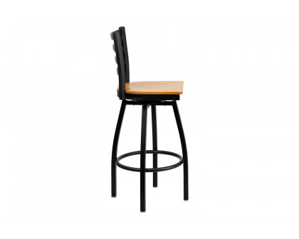 BLNK HERCULES Series Black Metal Ladder Back Swivel Bar Stool with Wood Seat - Natural