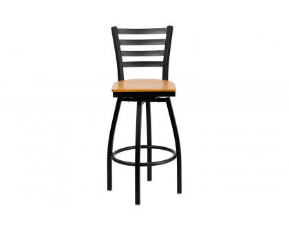 BLNK HERCULES Series Black Metal Ladder Back Swivel Bar Stool with Wood Seat - Natural