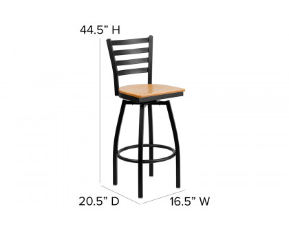 BLNK HERCULES Series Black Metal Ladder Back Swivel Bar Stool with Wood Seat - Natural