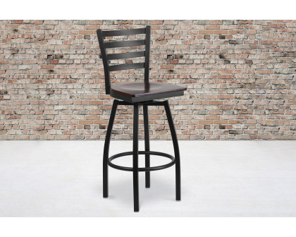 BLNK HERCULES Series Black Metal Ladder Back Swivel Bar Stool with Wood Seat