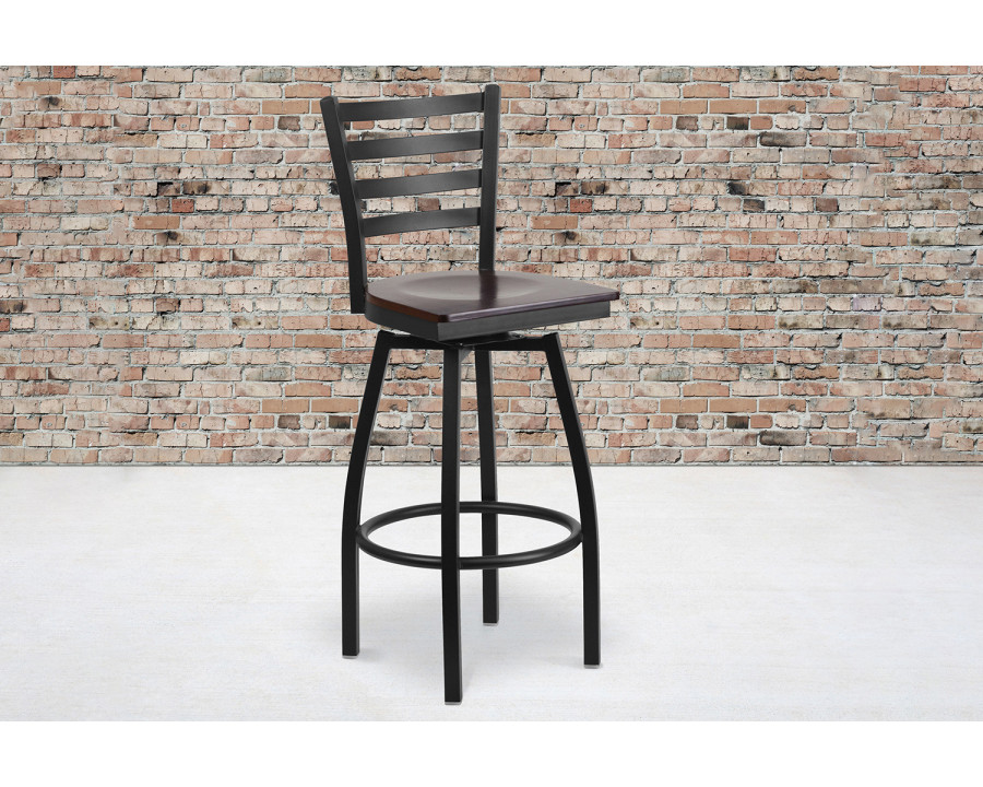 BLNK HERCULES Series Black Metal Ladder Back Swivel Bar Stool with Wood Seat - Walnut