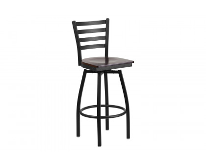 BLNK HERCULES Series Black Metal Ladder Back Swivel Bar Stool with Wood Seat - Walnut