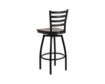 BLNK HERCULES Series Black Metal Ladder Back Swivel Bar Stool with Wood Seat - Walnut