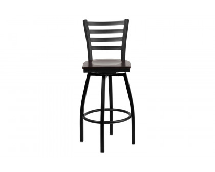 BLNK HERCULES Series Black Metal Ladder Back Swivel Bar Stool with Wood Seat - Walnut