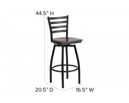 BLNK HERCULES Series Black Metal Ladder Back Swivel Bar Stool with Wood Seat - Walnut