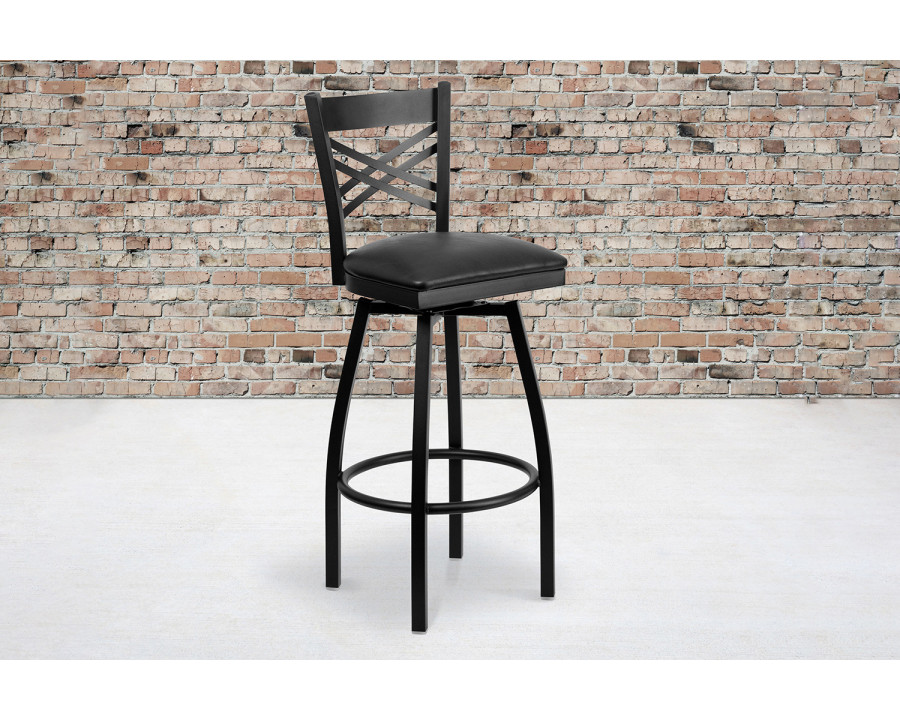 BLNK HERCULES Series Black Metal "X" Back Swivel Bar Stool with Vinyl Seat - Black