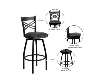 BLNK HERCULES Series Black Metal "X" Back Swivel Bar Stool with Vinyl Seat - Black