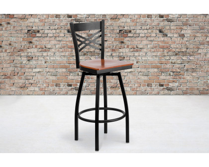 BLNK HERCULES Series Black Metal "X" Back Swivel Bar Stool with Wood Seat