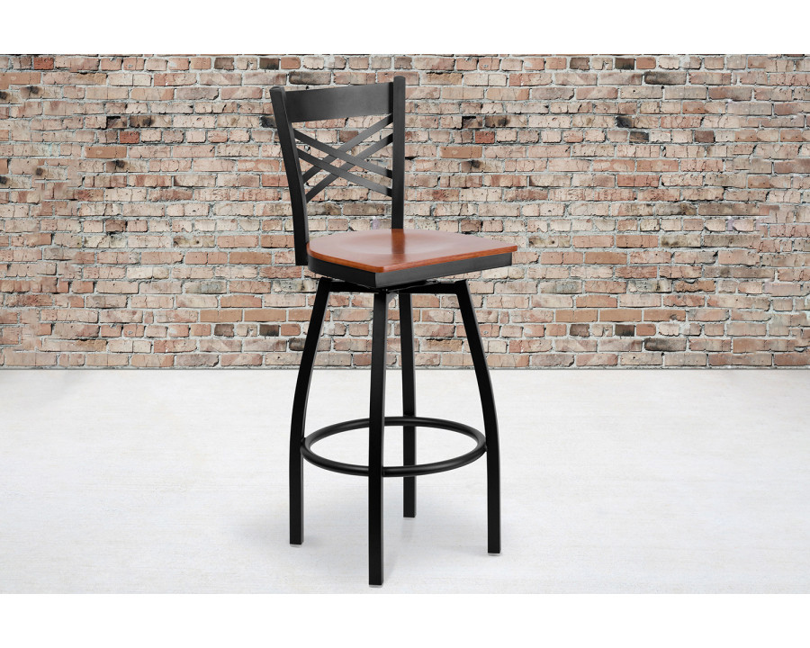 BLNK HERCULES Series Black Metal "X" Back Swivel Bar Stool with Wood Seat - Cherry