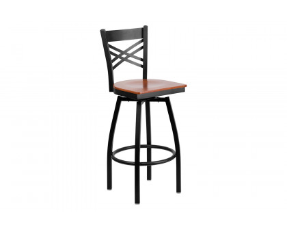 BLNK HERCULES Series Black Metal "X" Back Swivel Bar Stool with Wood Seat - Cherry