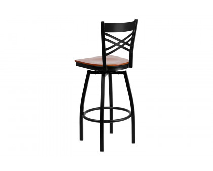 BLNK HERCULES Series Black Metal "X" Back Swivel Bar Stool with Wood Seat - Cherry