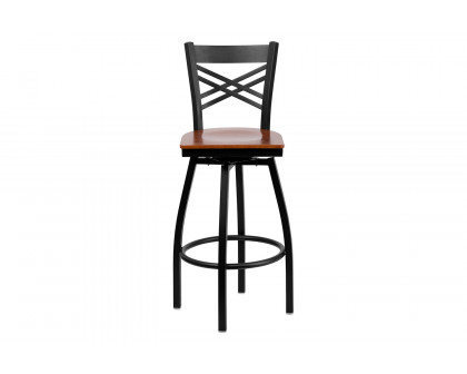 BLNK HERCULES Series Black Metal "X" Back Swivel Bar Stool with Wood Seat - Cherry