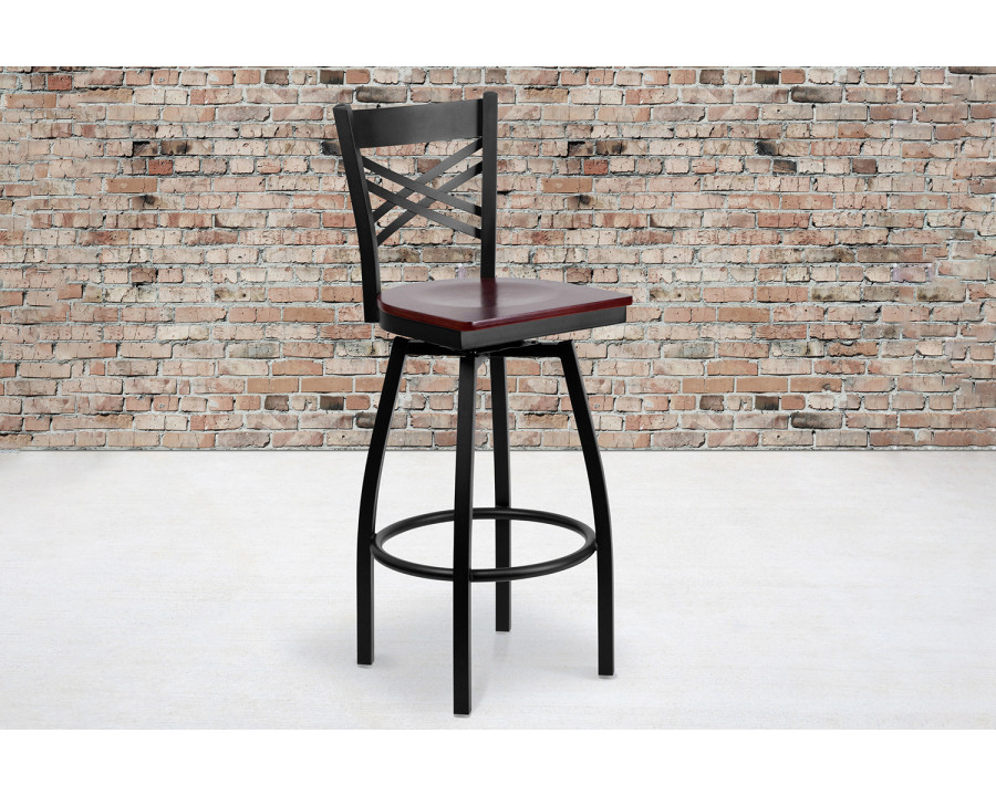 BLNK HERCULES Series Black Metal "X" Back Swivel Bar Stool with Wood Seat