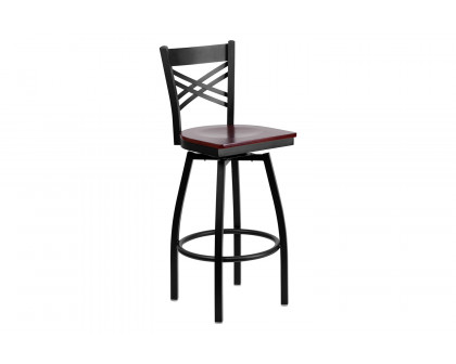 BLNK HERCULES Series Black Metal "X" Back Swivel Bar Stool with Wood Seat