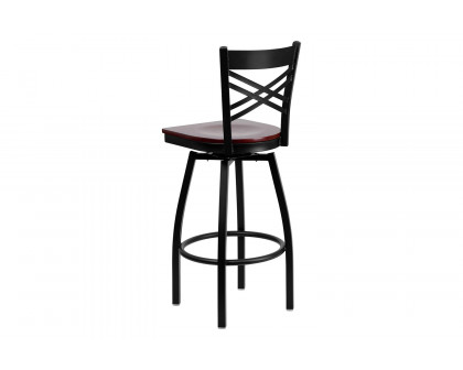 BLNK HERCULES Series Black Metal "X" Back Swivel Bar Stool with Wood Seat - Mahogany