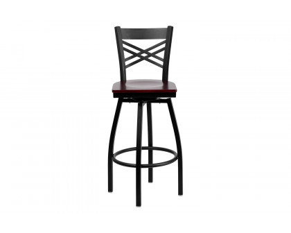 BLNK HERCULES Series Black Metal "X" Back Swivel Bar Stool with Wood Seat - Mahogany