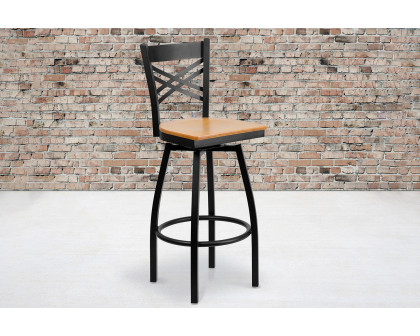 BLNK HERCULES Series Black Metal "X" Back Swivel Bar Stool with Wood Seat