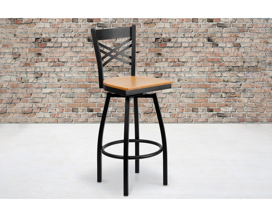 BLNK HERCULES Series Black Metal "X" Back Swivel Bar Stool with Wood Seat - Natural