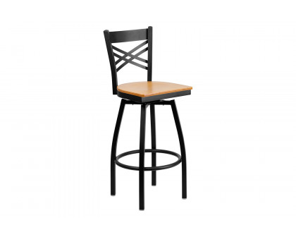 BLNK HERCULES Series Black Metal "X" Back Swivel Bar Stool with Wood Seat - Natural