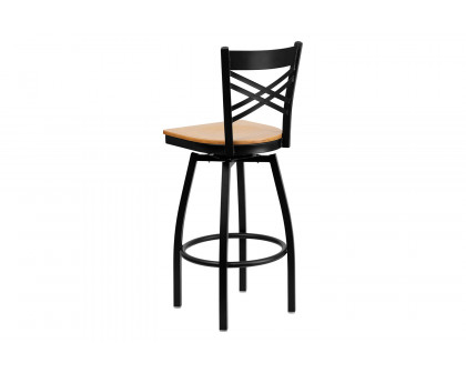 BLNK HERCULES Series Black Metal "X" Back Swivel Bar Stool with Wood Seat - Natural