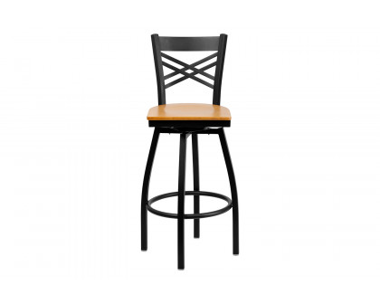 BLNK HERCULES Series Black Metal "X" Back Swivel Bar Stool with Wood Seat - Natural