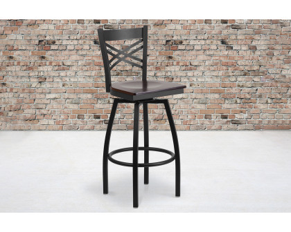 BLNK HERCULES Series Black Metal "X" Back Swivel Bar Stool with Wood Seat