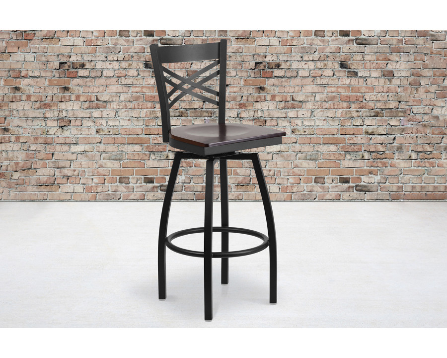 BLNK HERCULES Series Black Metal "X" Back Swivel Bar Stool with Wood Seat - Walnut