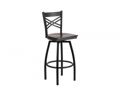 BLNK HERCULES Series Black Metal "X" Back Swivel Bar Stool with Wood Seat - Walnut