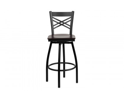 BLNK HERCULES Series Black Metal "X" Back Swivel Bar Stool with Wood Seat - Walnut