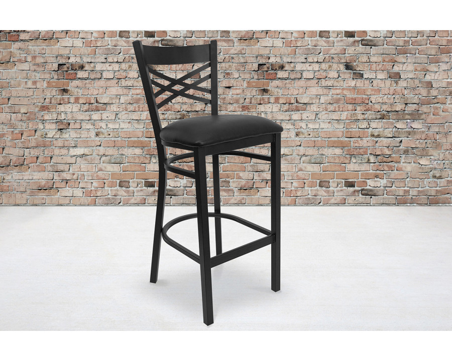 BLNK HERCULES Series Black Metal "X" Back Restaurant Bar Stool with Vinyl Seat