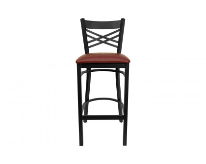 BLNK HERCULES Series Black Metal "X" Back Restaurant Bar Stool with Vinyl Seat - Burgundy