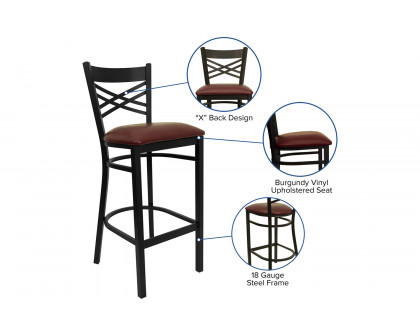 BLNK HERCULES Series Black Metal "X" Back Restaurant Bar Stool with Vinyl Seat - Burgundy