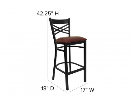 BLNK HERCULES Series Black Metal "X" Back Restaurant Bar Stool with Vinyl Seat - Burgundy