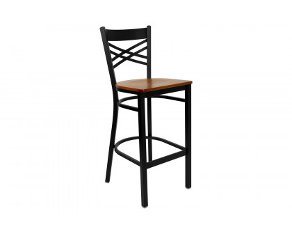 BLNK HERCULES Series Black Metal "X" Back Restaurant Bar Stool with Wood Seat