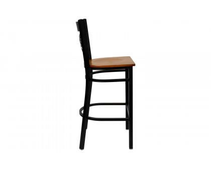 BLNK HERCULES Series Black Metal "X" Back Restaurant Bar Stool with Wood Seat - Cherry