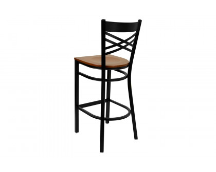 BLNK HERCULES Series Black Metal "X" Back Restaurant Bar Stool with Wood Seat - Cherry