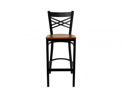 BLNK HERCULES Series Black Metal "X" Back Restaurant Bar Stool with Wood Seat - Cherry