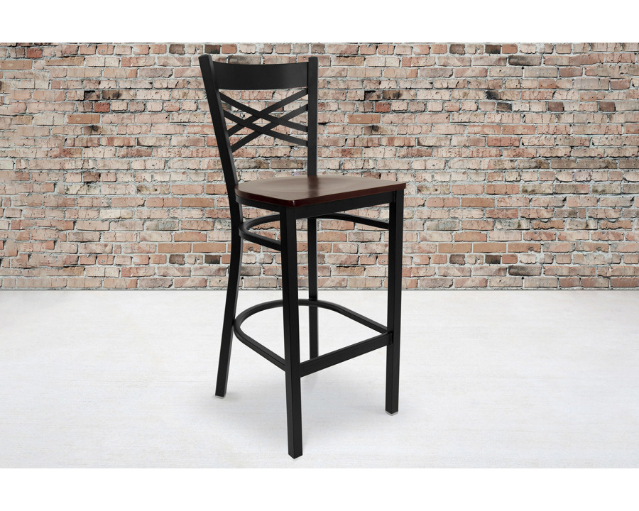 BLNK HERCULES Series Black Metal "X" Back Restaurant Bar Stool with Wood Seat