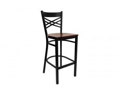 BLNK HERCULES Series Black Metal "X" Back Restaurant Bar Stool with Wood Seat