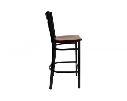 BLNK HERCULES Series Black Metal "X" Back Restaurant Bar Stool with Wood Seat - Mahogany