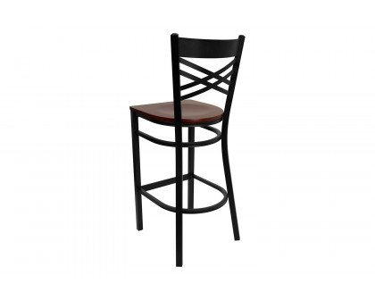 BLNK HERCULES Series Black Metal "X" Back Restaurant Bar Stool with Wood Seat - Mahogany