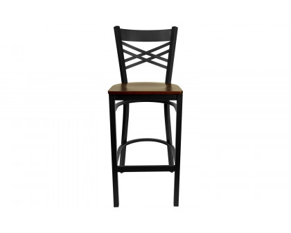 BLNK HERCULES Series Black Metal "X" Back Restaurant Bar Stool with Wood Seat - Mahogany