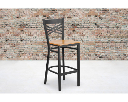 BLNK HERCULES Series Black Metal "X" Back Restaurant Bar Stool with Wood Seat